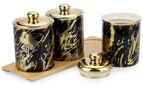 BTSKY Black and Gold Ceramic Canisters Set with Lid and Wood Tray - Airtight Set of 3 Storage Canisters Food Storage Containers Pots Jars with Gold Ceramic Lid for Kitchen Counter