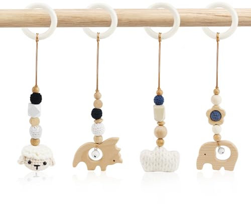4 Stück Spielbogen Baby Spielzeug ab 0 Monate Spielebogen Babies Toys Spielbögen Baby Gym Anhänger Holz für Mädchen Jungen Babyspielzeug für Babyschale Kinderwagen Autositz Spielzeug (Weiß)