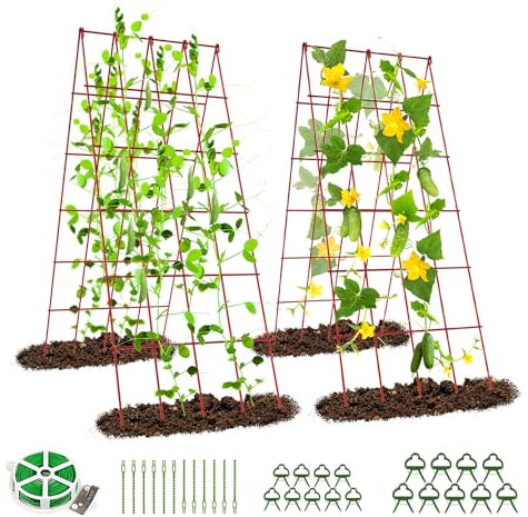 SUNYRISY Metall Gurke Rankhilfe 2er Set, Rankgitter für Gurke, Gitternetz Kletterpflanzen Rankhilfe, Tomaten Rankhilfe, Pflanzenstütze für Blumen & Nutzpflanzen, Rot