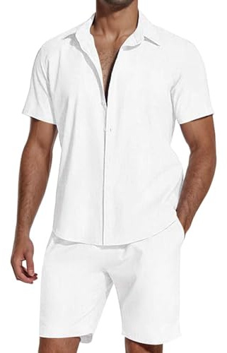 SHEKINI Set di 2 tute da uomo in cotone e lino, a maniche corte, con bottoni, estive, pantaloncini da spiaggia, abbigliamento casual, abbigliamento da notte, pigiama, bianco, L