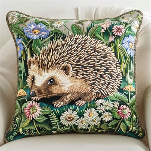 Latch Hook Kits for Adults Cushion Covers Hedgehog Latch Hook Kits for Adults Beginners (43X43cm) DIY Handmade Pillowcase for Beginners Pre-Printed Pattern Needlework Crochet Craft Kits for Sof