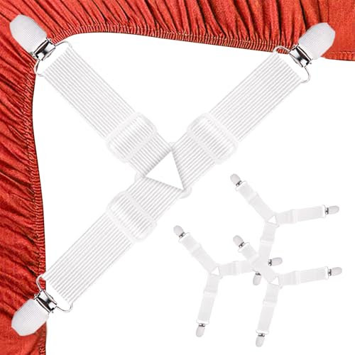 Qufiiry 4 Stück Verstellbare Bettbefestigungen, reieckige Bettlaken Spanner mit Metallclips, Weiß Bettlakenspanner, Bettlaken Elastische Betttuch Spanne für Bettlaken, Matratze, Bügelbrett, Sofa