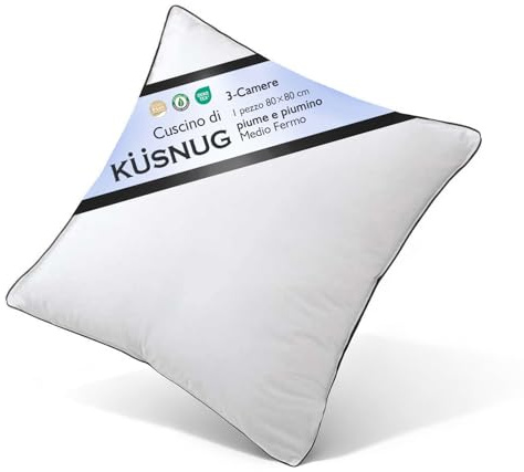 KUSNUG Cuscino in Piuma D'oca 80x80 set di 1, Imbottitura in Piume e Piumino di Alta Qualità, Tessuto 100% Cotone Biologico, Cuscini Ergonomici a 3 Camere per Hotel, Guanciale Letto Matrimoniale
