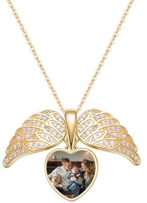Svyqwmz Benutzerdefinierte Engelsflügel Halskette mit Bild Personalisierte Foto Anhänger Halskette Herz Medaillon Paare Gedenkschmuck Geschenk für Frauen Männer
