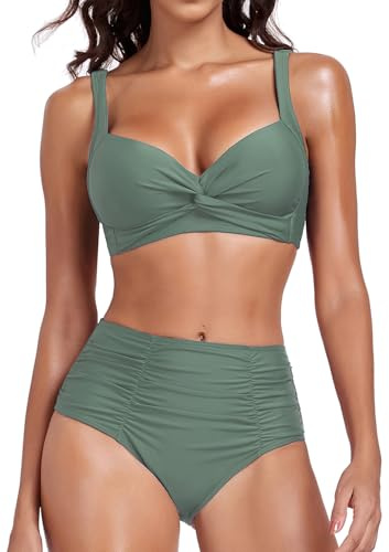 Women's Bikini Sets Twist-Front V Neckline High Waisted Tummy Control Two Piece Swimsuit Swimming Costumes Army Green,M