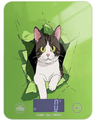 Báscula digital con pantalla LCD para alimentos, 11 libras/5.1 g, 5 kg/5 g, divertida balanza digital de pared de gato verde pequeña cocina con 4 unidades para especias hornear cocinar (pilas no