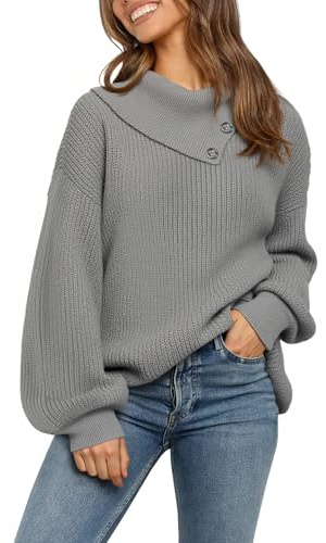 Fisoew - Maglione da donna oversize, a collo alto, lavorato a maglia, con bottoni, maniche a pipistrello, casual, invernale, grigio., M