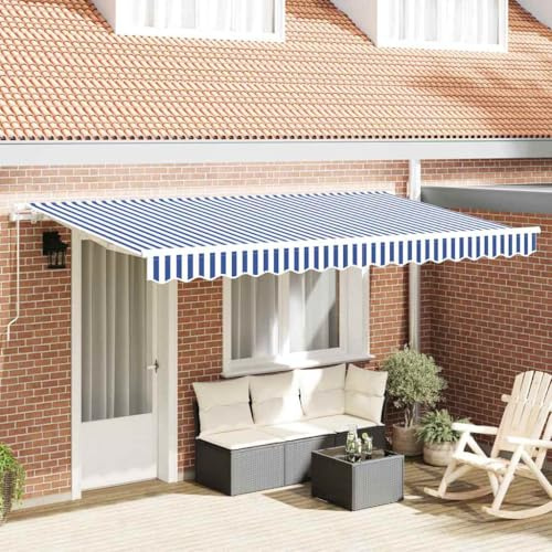 QJBSAVVA Braccio articolato retrattile, 400 x 200 cm, blu e bianco, in robusto poliestere e alluminio, resistente alle intemperie, moderno, salvaspazio, per balcone, terrazza, giardino