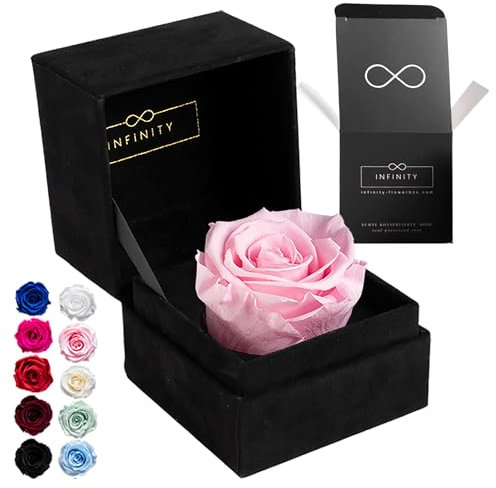 Infinity Flowerbox - 1 Echte Ewige Rose in aufklappbarer Rosenbox (3 Jahre haltbare konservierte Rose). Direkt in Geschenkbox als edles Geschenk für Frauen