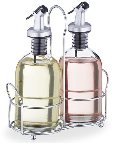 MGE - Set Huilier Vinaigrier avec Salière et Poivrière - 4 Pièces avec Support en Acier Inoxydable - Bouteilles en Verre Rechargeables Antigoutte - Élégant pour Cuisine et Table
