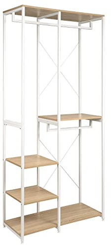 WOLTU Kleiderständer mit Ablage, für Schlafzimmer Flur, Offener Garderobenständer stabil, Kleiderschrank offen, aus Holz und Metall, Weiß + Hell Eiche