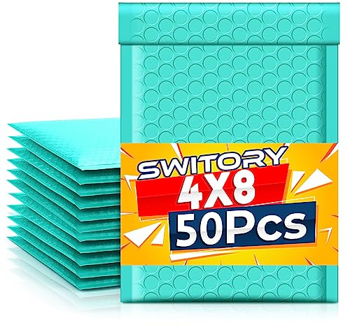 Switory 50 sobres acolchados de 10,2 x 17,7 cm, 10,2 x 17,7 cm, sobres acolchados a granel # 000, bolsas de polimodiler, con forro de burbujas, para envío, correo electrónico, color verde azulado