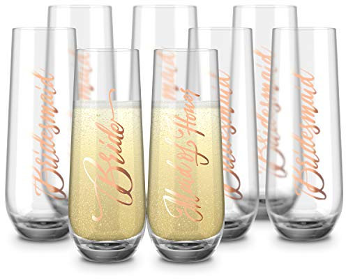 Bridesmaid Weingläser, Kook Junggesellinnenabschied Champagnergläser, 266.5 g (Bridal Set von 8), Stiellose Champagnerflöten, Cocktailbecher für Rose, ideal für Hochzeiten und Partys,