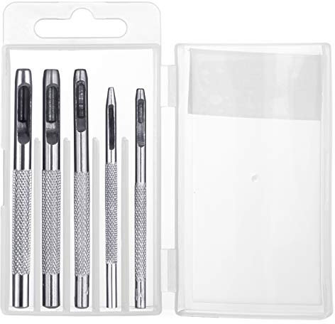 Kiniza - Set di 5 punzoni per fori vuoti, in 5 misure, con foro rotondo in pelle, per guarnizioni in vinile, per cinturino, in tela con custodia (1,5 mm, 2,0 mm, 3,0 mm, 3,5 mm, 4,0 mm)