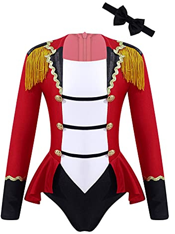 dPois Déguisement Cirque Fille Enfant Justaucorps Danse Costume Monsieur Loyal Ringmaster Carnaval Halloween Noël Body Patinage Ballet Manches Longues B Rouge 7-8 ans