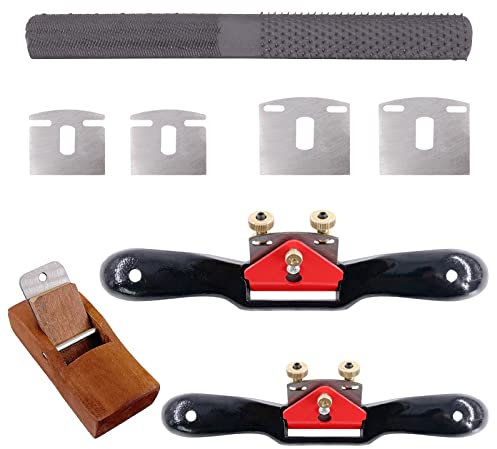 Glarks Juego de radios ajustables (2 piezas) con cuchillas de repuesto, plano para carpintería, lima de 4 vías - G2657 [metal, latón, rojo, negro, plata]