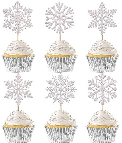 24 Stück Schneeflocke Cupcake Toppers Winter eingefroren Thema Kuchendekoration Winter Wonderland Kuchen Dekorationen für Mädchen Geburtstag eingefroren Thema Party Weihnachten Dekoration Silber