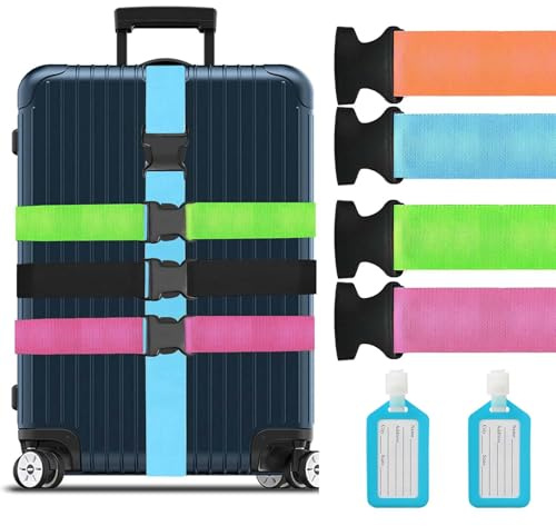 Lot de 4 sangles de bagage pour valises, sangles de valise personnalisées avec 3 étiquettes, ensemble d'accessoires de voyage réglables pour sacs de voyage