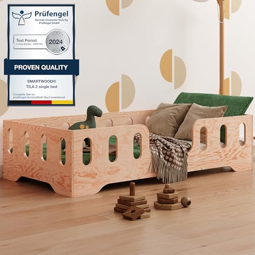 smartwood Toddler Bed 70x140 cm - Montessori Floor Bed in Natural Wood FSC-Certified with Safety Rail & Slatted Base - Supports up to 230 kg - for Boys and Girls - TILA 2