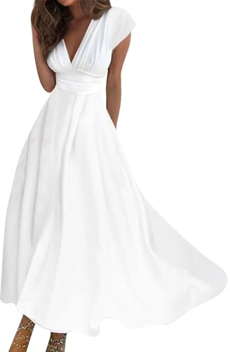 Robe Femme Chic Et Élégante Sexy Col en V Manches Courtes Longue Bohème Classique Couleur Unie Vintage De Cocktail pour Dames