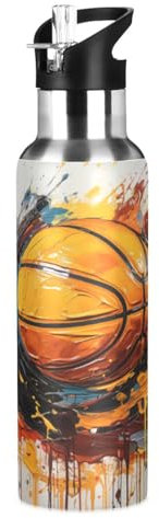 Basketball Ballsport Trinkflasche Wasserflasche mit Strohhalm für Sport, 600ML Thermosflasche BPA-frei Isolierflasche Edelstahl 18/8 für Kinder Wandern Schule