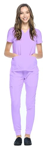 Dagacci Medical Uniform® Jogger Scrubs for Women Set – V-Neck Scrub Top & Elastic Jogger Scrub Pants for Women 8 Pockets Lavender S