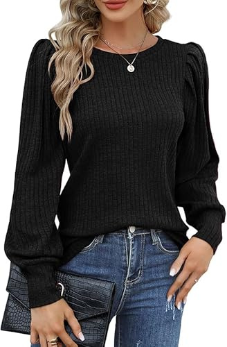 Hotouch Maglione da Donna Elegante Collo Rotondo Maniche a Puff Blusa Casual Sottile Top Autunnali Maniche Lunghe Nero L