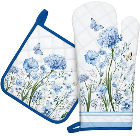 Arquiel Guanti Da Forno Presina Set Di 2, 100% Cotone Addensare Guanti Da Forno A Microonde, Presine Da Cucina Morbida Resistenti Al Calore Per Arrostire, Cuocere (fiori di campo blu）