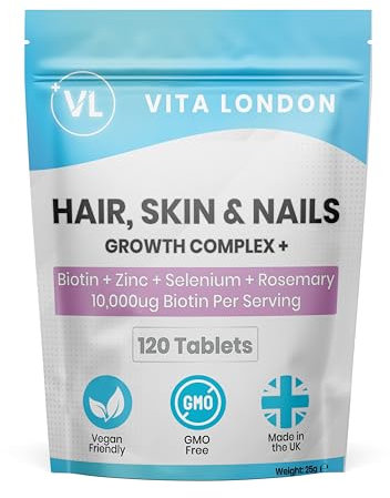 Biotin Hair Growth for Women & Men 10,000ug | Hail, Skin and Nails Vitamins Growth Complex with Zinc & Selenium & Rosemary | 120 Biotin Tablets (not Gummies, Capsules or serum) | Vegan, UK Made