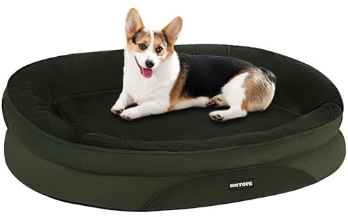 HMTOPE Orthopädisches Hundebett, Hundesofa, Vierseitiges Nackenrolle Kissen, rutschfeste Unterseite Hundekorb, Abnehmbar und Waschbar, Kleine Hunde, Mittelgroße Hunde, 90 x 71 x 15 cm, Olivgrün
