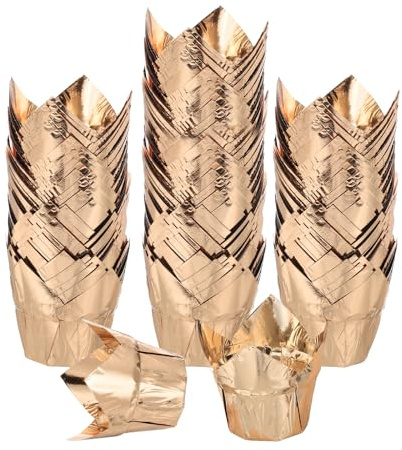 uxcell 100 Pcs Tulip Cupcake Liners, Muffins Liners Aluminum Foil Cupcake Wrappers Baking Cups Muffins Liners for Wedding Birthday Party Supplies, Champagne Gold