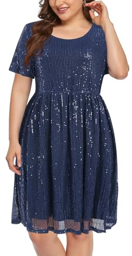 Wenrine Damen Große Größen Kleid mit Pailletten Plus Size Abendkleider A Line Partykleid Hochzeit Festlich Cocktailkleid,Dunkelblau,2XL