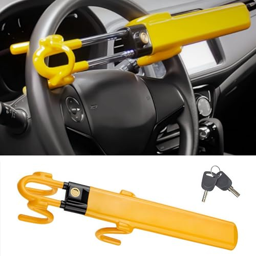 Steering Wheel Lock Twin Bar, Steering Wheel Lock, Heavy Duty Car Locks Anti-Theft Device, Car Devices with Three Keys, Universal Fit, Adjustable Length