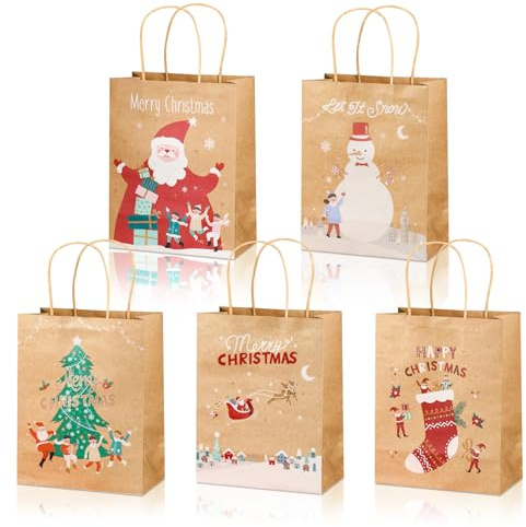 Sacchetti Regalo Natale In Carta Kraft, 15 Pezzi Sacchetti Natalizi, Carta Kraft Sacchetto Regali Natale con Manici, Borse Regalo Natalizie, Buste Regalo Christmas Carta, per Confezioni Regalo
