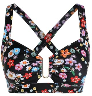 ZAFUL Push Up Swimsuit Tops Cross Back Vintage Bikini Top Black Floral M