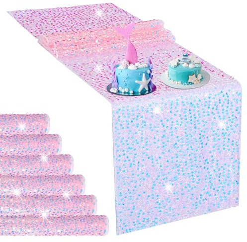 Oqqlin 6 Pcs Iridescent Sequin Table Runners, 11 x 72 Inch Pink Sequin Table Runner Exquisite Glitter Tables Runners for Mermaid Party, Birthday, Wedding Decoration