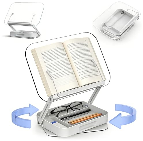Atril para Libros de Acrílico con Caja de Almacenamiento, Soporte Libros con Sujetalibros, Rotación de 360°, Atril Estudio para Lectura, Altura Ajustable Plegable, para Recetarios, Kindle, Tabletas