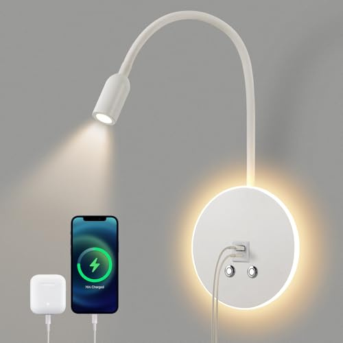 AWEKLIY Lampara Aplique de Foco Lectura Cama de Pared LED Regulable Blanco, Luz Dormitorio Mesilla de Noche, Interruptor Tactil y Cuello de Cisne Flexible, 3W+6W Lámpara de lectura de pared, 3000K