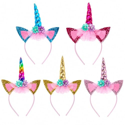 QhgPnt 5 Pcs Unicorn Headbands, Unicorn Horn Hair Accessories, Rainbow Unicorn Headband Set for Birthday Parties and Cosplay Events, Blue Pink Gold Multicolour Rose Red Collection