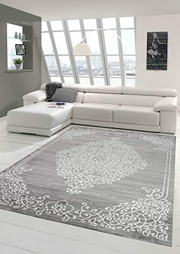 Moderner Teppich Orientteppich Ornamente mit Glitzergarn in Grau Creme Größe 200x280 cm