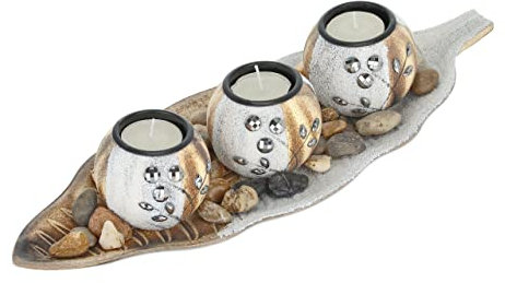 Relaxdays Teelichthalter, 3 Kerzenhalter, Blatt Tablett, Dekosteine, Tischdeko für Wohnzimmer, Kerzendeko, braun-weiß