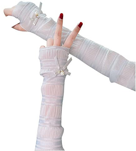 Women Arm Sunscreen Sleeves,1 Pair Summer Solid Bow Pearl UV Sun Protection Arm Sleeve,Long Ice Silk Sunblock Fingerless Gloves with Thumb Hole for Girls Outdoor Driving Running Cycling (Grey)