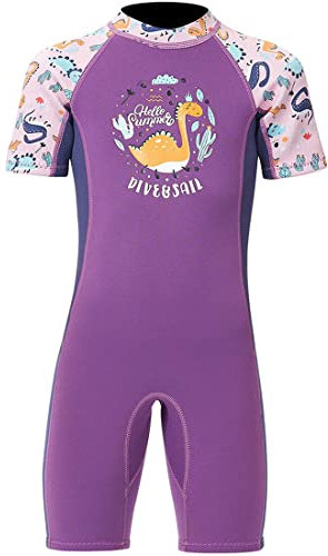 Kinder Neoprenanzug Mädchen Jungen Kurzarm Wäremehaltung UV-Schutz 2.5mm Neopren Tauchanzug Einteiliger kurzärmelig Badeanzug Reißverschluss warm Wetsuit Wassersport Dinosaurier L