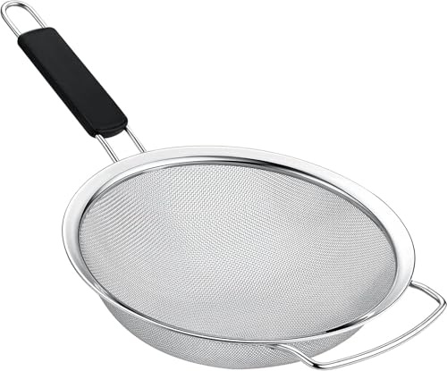 Kafoor 8 Large Fine Mesh Strainer with thermo plastic rubber handle - Sieve Fine Mesh Stainless Steel - Ideal to Strain Pasta, Quinoa and Rice.