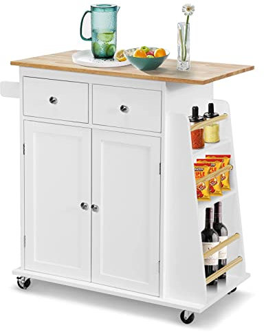 COSTWAY Küchenwagen mit Arbeitsplatte, rollender Kücheninsel aus Gummiholz mit Handtuchhalter, verstellbarem Regal & 2 Schubladen & Gewürzregal, Servierwagen modern mit Räder mit Bremsen (Weiß)