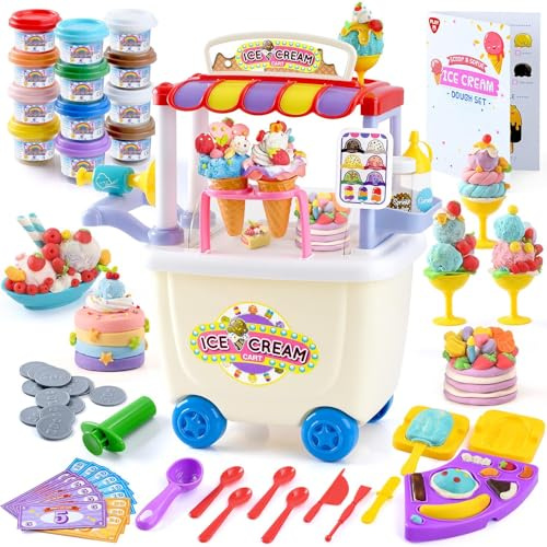 PLAY Ice Cream Cart Toys for Kids - Color Dough Sets for Kids Ages 4-8 with 12 Cans, Pretend Play Toy Ice Cream Shop Counter Playset for Girls Boys Gifts