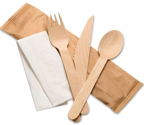 Venuscello 100 Set x Tithe Wooden Cutlery Set 4 in 1 Biodegradable Reusable Mixed Individually Wrapped Each Set Contains Wooden Fork, Spoon, Knife & 2-Ply Napkin