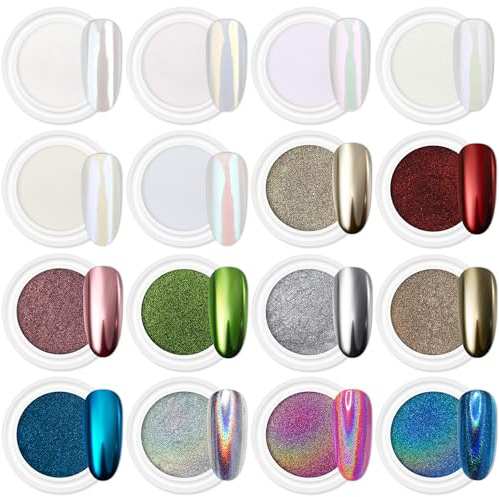 Artdone 16Jars Chrome Nail Powder Magic White Pearl Kit Mirror Effect Silver Metallic Holographic Dip Nail Powder for Resin Craft & Nail Art Fimo, Decoration Iridescent Aurora Mermaid Pigment