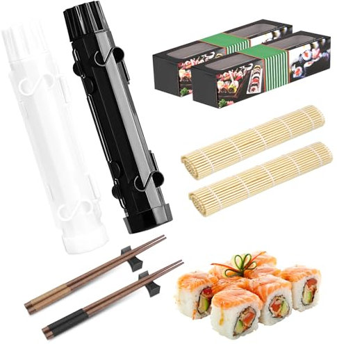 POFIBO Sushi Maker Set - 2 Stück zum Selber Machen, Roller mit Bambusmatte und Stäbchen, Benutzerfreundlich und Leicht zu Reinigen, Starter Set für Anfänger