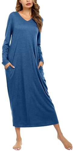 Sykooria Camisón Mujer Algodon Camisónes Largo Ropa de Dormir Ropa de Salón Casual Camisón Holgado con Bolsillos(Azul Real,L)